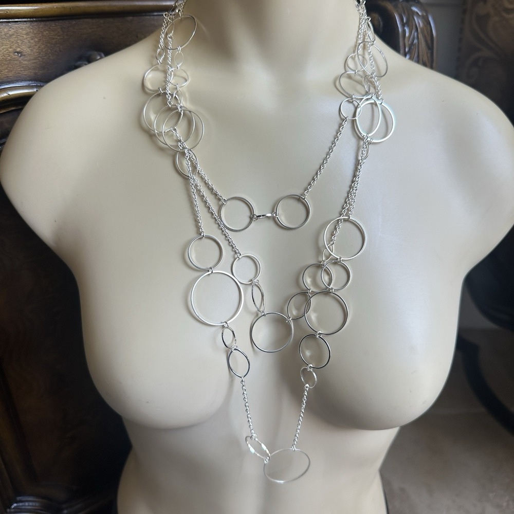 VTG 2005 Premier Designs Necklace 20 Inch Silver Circles 20th Anniversary New